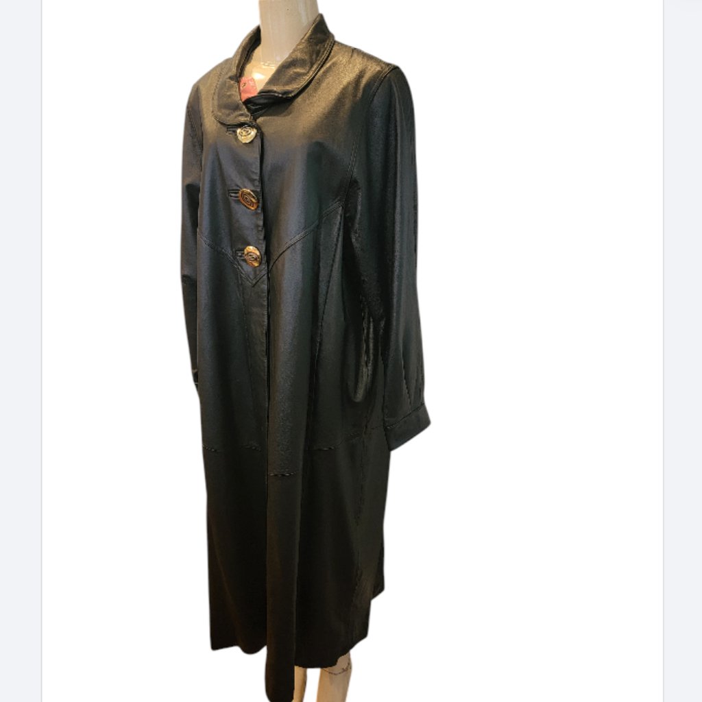 Komitor 51" Calf Length Women's Black Leather Trench Coat Style 02734 Wpl 5602